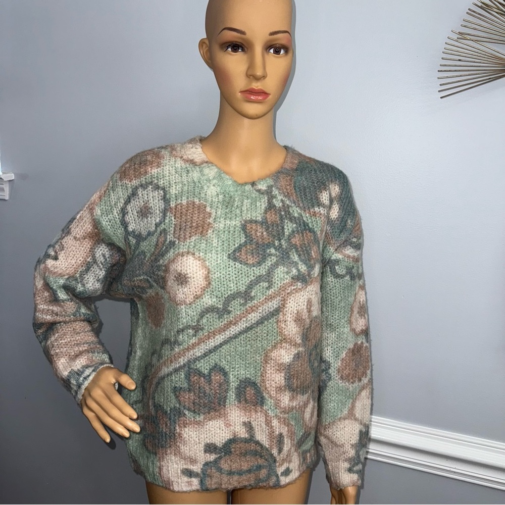 Summum Floral Print Alpaca/Wool Crew Neck Long Sleeve Pullover Sweater
